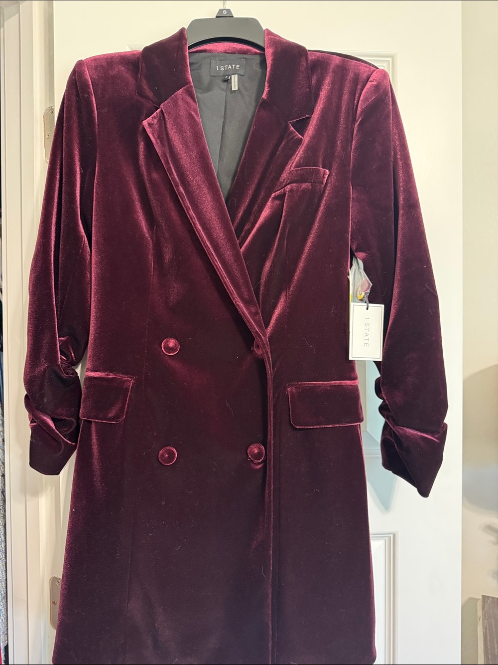 1. State Women's Velvet Double-Breasted Wine Blazer Coat